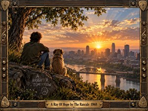 A young man and his dog sit beneath a tree overlooking a river, bridge, and glowing city skyline at sunset. Warm golden rays break through dramatic clouds, creating a reflective, hopeful mood. Rich natural textures, vintage cinematic realism, and an ornate musical frame reinforce the nostalgic atmosphere.
