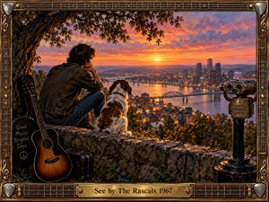 A contemplative young man and his dog overlook a glowing river city at sunset, surrounded by warm amber light, distant bridges, and shimmering streets. A guitar, weathered viewer, and musical frame suggest hope, reflection, and late-1960s idealism. Rich painterly detail and dramatic color create a nostalgic, cinematic atmosphere.