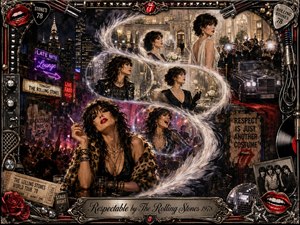 A glamorous woman moves through an S-curving sequence of nightlife and high-society scenes, shifting from rebellious rocker to polished socialite. Neon purples, deep reds, black, silver, and gold glow under dramatic club lights and camera flashes. A richly detailed mixed-media collage frame features music memorabilia, red lips, roses, chrome, and an engraved title plate.