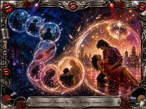 A glamorous acrylic-style fantasy unfolds through glowing feathered bubbles curving in an S-shaped journey from loneliness to emotional rescue. Cool midnight blues and purples gradually shift into radiant gold, crimson, and pink. A tender couple anchors the luminous disco scene, surrounded by city lights, sparkles, vinyl records, roses, chrome, and musical details.