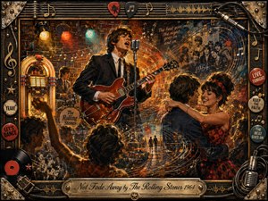 A vibrant mixed-media rock-and-roll scene captures a 1960s guitarist singing amid dancing couples, glowing stage lights, a jukebox, and swirling musical lines. Warm reds, amber, gold, teal, and smoky blue create nostalgic energy. The ornate music-themed frame features vinyl, cables, picks, metalwork, and an engraved title plate.