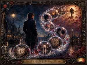 A solitary figure stands in a rain-slicked 1960s city night as luminous bubbles spiral upward in an elegant S-curve, carrying clocks, memories, roses, and glimpses of reunion. Deep blues, burgundy, amber, and gold create a reflective yet hopeful mood, framed by richly detailed vintage musical hardware and ornamentation.