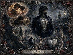 A brooding figure with a cracked stone heart stands on a rain-slick London street as glowing memory bubbles curve through scenes of romance, doubt, separation, and solitude. Cool slate blues, charcoal grays, muted reds, and amber lights create a melancholy mood, framed by ornate metalwork, roses, guitar strings, picks, and engraved detailing.