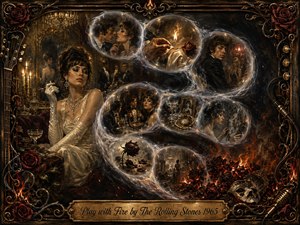 A glamorous woman lounges in a candlelit, aristocratic interior as translucent scenes spiral across the painting in a smoky S-curve, tracing seduction, vanity, danger, and ruin. Deep burgundy, black, gold, and ember-orange tones glow dramatically. Ornate roses, flames, musical hardware, and wrought metal frame the richly textured oil-painted composition.
