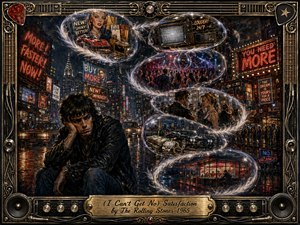 A weary young man sits beneath neon city lights, surrounded by swirling feathered bubbles forming an S-curve of consumerism, nightlife, wealth, media, and loneliness. Deep blues, crimson, amber, and chrome reflections heighten the restless mood. A richly detailed mixed-media style, ornate rock-themed frame, and engraved title plate complete the scene.