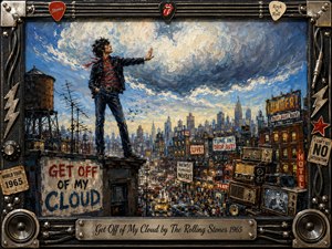 A defiant young rocker stands atop a crowded city rooftop, raising his hand beneath a towering swirl of white and stormy blue clouds. Warm urban lights, vintage radios, neon signs, traffic, and bustling crowds intensify the rebellious mood. Thick, textured brushwork and a rugged rock-themed frame create energetic 1960s attitude.