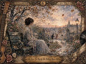 A wistful woman sits quietly on a weathered park bench at autumn dusk, watching children play beyond an iron fence. Soft watercolor washes of dusty blue, rose, brown, and pale gold create a nostalgic mood, while glowing lamps, drifting leaves, rainlike highlights, roses, sheet music, guitar details, and an ornate vintage frame enrich the scene.