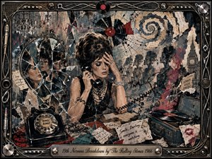 A glamorous 1960s woman clutches a telephone amid fractured mirrors, scattered notes, vinyl records, and spiraling cords, embodying mounting anxiety. Smoky grays, muted blues, cream, crimson, and metallic accents create tense theatrical lighting. The mixed-media collage style, distressed textures, London imagery, and intricate rock-themed frame heighten the chaotic mood.