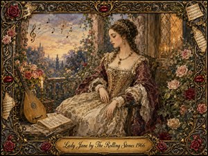 An elegant noblewoman sits amid a rose-filled Renaissance garden at sunset, dressed in an ornate cream and burgundy gown beside a lute and sheet music. Warm candlelight and golden skies create a romantic, wistful mood. Rich watercolor-like textures, floating musical notes, wrought-gold filigree, roses, and red-lips ornaments complete the ornate framed composition.