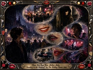 A shadowy 1960s London street unfolds in a smoky S-curve of dreamlike scenes, linking crowds, a mysterious woman, young faces, vivid red lips, a turntable, guitar, and glowing stage. Deep blues, charcoal, violet, crimson, and neon pink create a tense, questioning mood within an ornate rock-inspired metallic frame.