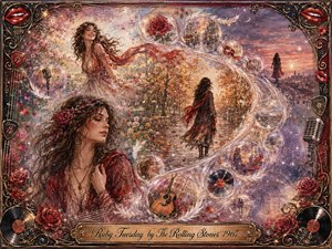 A dreamy watercolor collage follows a free-spirited woman through shifting memories of gardens, autumn paths, and twilight horizons. Ruby reds, dusty pinks, gold, and lavender glow softly across an S-curved stream of feathered bubbles, roses, records, guitars, and microphones, framed by ornate rock-and-roll details and an engraved title plate.