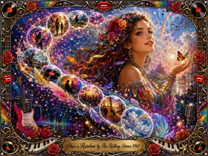 A radiant woman crowned with flowers anchors a psychedelic dreamscape, surrounded by shimmering feathered bubbles flowing in an elegant S-curve. Rainbow skies, roses, guitars, vinyl records, piano keys, microphones, and musical notes create a joyful, romantic atmosphere. Saturated jewel colors, glowing light, ornate metalwork, and red smiling lips enrich the elaborate mixed-media composition.