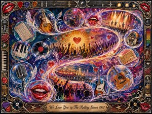 A psychedelic mixed-media concert vision swirls through luminous feathered bubbles in an elegant S-curve, linking cheering crowds, glowing hearts, red smiling lips, guitars, drums, piano keys, records, and stage lights. Saturated reds, purples, blues, and golds create a radiant, celebratory mood within an ornate music-themed frame.