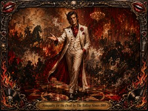 A suave, devilish gentleman in an ivory suit stands amid a fiery, decadent panorama of war, rebellion, ruined monuments, and shadowy revelers. Crimson, black, gold, and smoky amber dominate the dramatic oil-painted scene. Ornate skulls, red lips, flames, records, cables, and metalwork frame the theatrical composition.