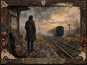A solitary traveler stands on a weathered rural platform, watching a dark train disappear into misty distance beside a worn guitar case. Muted browns, smoky blues, sepia, and fading gold create a wistful dusk atmosphere. Painterly textures, drifting fog, dried roses, sheet music, guitar strings, and an engraved frame deepen the melancholy.