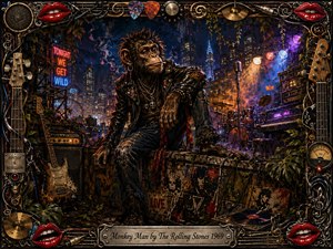 A rebellious monkey-like rocker lounges on a gritty neon rooftop overlooking a glowing city, surrounded by guitars, drums, amplifiers, vinyl, cables, and creeping jungle foliage. Rich reds, blues, purples, and amber stage lights cut through smoky shadows. A detailed mixed-media rock collage frame and engraved title plate complete the dramatic composition.