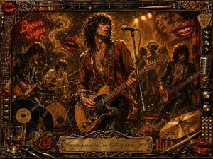 A fiery 1970s rock performance fills a smoky club, centered on a swaggering guitarist-singer beneath glowing amber lights. Rich browns, golds, blacks, and vivid red lips create a gritty, sensual mood. Painterly textures, dancing silhouettes, guitars, drums, vinyl, roses, cables, and an ornate music-themed frame complete the composition.