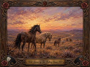 Wild horses wander across a windswept prairie beneath a glowing sunset, evoking freedom, longing, and quiet melancholy. Warm gold, amber, rose, and lavender tones illuminate textured grasses and distant hills in a romantic oil-painted style. An ornate rustic frame of wood, roses, guitar strings, records, and brass surrounds the scene.