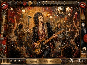 A jubilant guitarist commands a crowded 1970s rock stage, grinning beneath warm amber, red, and golden lights as confetti swirls around dancers and a drummer. Thick mixed-media brushwork creates energetic texture, while a lavish music-themed frame of picks, strings, vinyl, chrome, and red lips reinforces the celebratory, carefree mood.