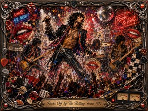 A flamboyant rock frontman commands a chaotic 1970s club stage, surrounded by guitarists, drums, raised hands, neon signs, dice, vinyl, and glossy red lips. Fiery reds, blacks, golds, and electric blues glow through smoky lighting and confetti, while mixed-media textures and an ornate metallic frame amplify the rebellious energy.
