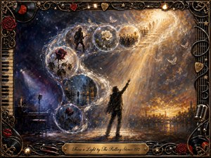 A solitary figure reaches toward radiant golden light as luminous feathered bubbles spiral upward through memories of roses, music, rain, and gathering crowds. Deep blues and smoky violets transition into warm amber and white, creating a soulful, hopeful mood. Expressive oil-paint textures, dramatic lighting, and an ornate musical frame complete the scene.