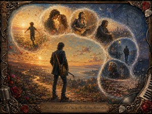 A lone guitarist stands beneath a glowing sky as feathered memory bubbles curve through childhood, love, performance, solitude, and old age. Warm golds fade into deep twilight blues, with clocks, an hourglass, roses, and photographs suggesting passing time. Rich oil-paint textures and an ornate musical frame create a reflective, bittersweet atmosphere.