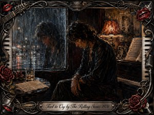 A solitary musician sits beside a piano in a dim, rain-soaked room, bowed in quiet sorrow as city lights shimmer through the window. Deep blues, smoky blacks, burgundy roses, and warm amber lamplight create a tender, reflective mood. Painterly oil textures, sheet music, red lips, instruments, and an ornate rock-inspired frame enrich the scene.
