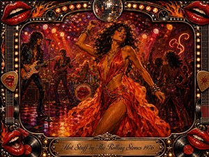 A glamorous dancer commands a fiery 1970s disco-rock club, framed by musicians, raised silhouettes, and a glittering mirror ball. Saturated reds, oranges, golds, and purples glow beneath smoky stage lights. Painterly textures, flowing fabric, chrome details, bright lips, vinyl records, flames, and ornate musical motifs create an electric, sensual atmosphere.