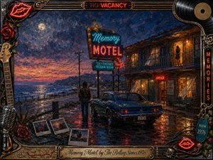 A nostalgic oil-painted coastal motel glows beneath a moonlit twilight sky, its neon signs reflecting across rain-slick pavement. A solitary traveler stands beside a vintage car while another figure lingers on the balcony. Deep blues, amber light, crimson roses, musical ornaments, photographs, and an ornate retro frame evoke longing, memory, and faded romance.