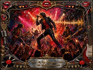 A fiery rock concert erupts in vivid reds, golds, and black, with a charismatic singer commanding center stage beneath blazing lights and swirling sound-wave textures. Guitarists, drummer, and raised crowd hands amplify the electric energy. An ornate chrome-and-gold frame features red lips, guitars, records, cables, and an engraved title plate.