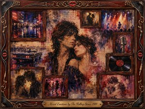 A passionate couple embraces amid a richly layered collage of neon streets, concert stages, vintage cars, records, microphones, and fading romantic memories. Deep reds, amber golds, midnight blues, and smoky shadows create a restless, nostalgic mood. Expressive painterly textures, warm dramatic lighting, rosewood framing, musical ornamentation, and the engraved title plate complete the scene.