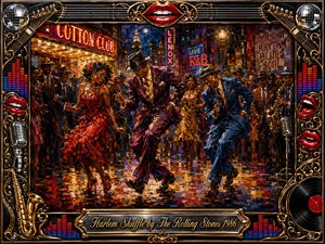 A vibrant Harlem nightlife scene captures stylish dancers shuffling beneath glowing club marquees and neon signs, surrounded by cheering crowds and musicians. Rich reds, golds, blues, and purples shimmer across reflective pavement under warm street lighting. Expressive oil-paint textures, lively brushwork, and an ornate music-themed frame create exuberant retro energy.