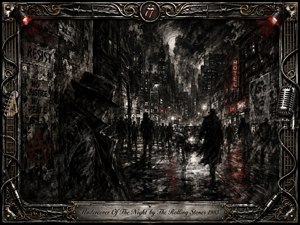 A shadowy figure in a fedora watches a rain-soaked city street filled with distant silhouettes, glowing windows, and ominous red neon. Deep charcoal textures, smeared reflections, and stark black-and-white contrasts create a tense, secretive mood. An ornate metal frame with cables, barbed wire, microphones, and gold accents surrounds the scene.