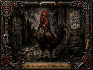 A proud red rooster dominates a shadowy blues-soaked alley, surrounded by weathered brick, old signs, a guitar case, and moonlit grime. Deep charcoal blacks, rusty reds, bronze, and muted gold create a brooding nocturnal mood. Ornate musical hardware, roses, lips, strings, and a vintage engraved title plate frame the richly textured scene.