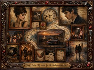 A nostalgic mixed-media collage frames a wistful 1960s romance through portraits, clocks, handwritten notes, city lights, a convertible at sunset, dancing figures, and musical memorabilia. Warm amber, burgundy, smoky blue, and gold tones glow beneath soft evening light, while ornate rosewood, chrome, strings, red lips, and engraved details surround the memories.