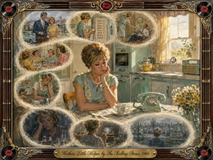 A weary 1960s housewife sits alone in a sunlit pastel kitchen, surrounded by feathered memory scenes of domestic expectations, social appearances, and quiet exhaustion. Warm creams, muted greens, and faded browns soften the melancholy oil-painted composition. Ornate rosewood, gold inlay, guitar strings, records, and red lips frame the nostalgic scene.