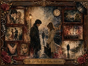 A rain-soaked station frames a bittersweet farewell between two lovers, surrounded by fading memories of romance, music, and departure. Deep sepia, burgundy, charcoal, and muted gold create a nostalgic mood, while warm lamplight glows through mist. Textured painterly layers, vintage frames, roses, strings, and records enrich the melancholy composition.
