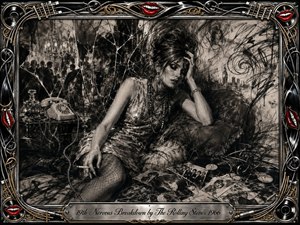 A distressed woman slumps amid scattered records, photographs, tangled cables, and a vintage telephone, surrounded by fractured reflections and chaotic charcoal marks. Deep blacks, smoky grays, and metallic highlights create a tense, claustrophobic mood. Ornate chrome, gold inlay, guitar strings, vinyl records, and bright red lips frame the dramatic monochrome composition.
