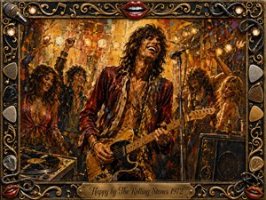 A jubilant guitarist commands a crowded vintage rock stage, surrounded by dancing figures, glowing spotlights, amplifiers, and a spinning record player. Rich amber, crimson, gold, and black tones create a fiery celebratory mood. Expressive painterly textures energize the scene, while an ornate music-themed frame and engraved title plate complete the nostalgic composition.