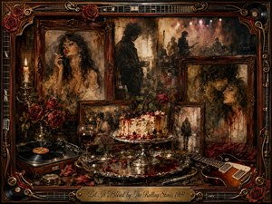 A richly layered rock-and-roll memory collage surrounds a blood-red cake, vintage portraits, smoky musicians, roses, records, and guitars. Deep browns, crimson, black, and antique gold create a decadent, melancholic mood. Warm candlelight and hazy stage glow illuminate painterly textures, ornate rosewood frames, and the engraved Let It Bleed title plate.