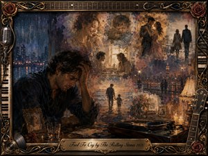 A sorrowful man sits beside a rain-streaked window, surrounded by fading memories of love, family, dancing, and quiet departures. Warm amber, sepia, rose, and dusky blue tones glow through layered oil, acrylic, and watercolor textures. An ornate gold musical frame, vinyl record, turntable, roses, and engraved title plate complete the nostalgic scene.
