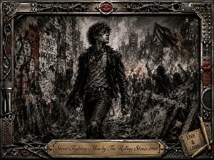 A defiant street fighter strides through a chaotic urban protest, surrounded by raised fists, torn posters, barricades, graffiti, and a dark flag. Deep charcoal textures, smoky grays, blackened reds, and stark lighting create a rebellious, urgent mood. A distressed metal frame with barbed wire and rock memorabilia completes the gritty composition.