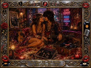 A romantic bohemian couple sits closely together in a candlelit 1960s music lounge, surrounded by guitars, vinyl records, roses, and glowing neon. Rich reds, amber golds, purples, and midnight blues create a seductive, nostalgic mood. Painterly oil, acrylic, and watercolor textures blend beneath an ornate chrome-and-gold rock-themed frame.