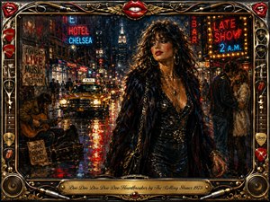 A glamorous woman strides through a rain-soaked city nightlife scene, surrounded by neon signs, taxis, street musicians, and embracing couples. Rich reds, blues, golds, and blacks glow beneath dramatic reflections. Expressive oil-paint textures create a gritty romantic mood, framed by guitars, chrome ornamentation, red lips, and musical details.