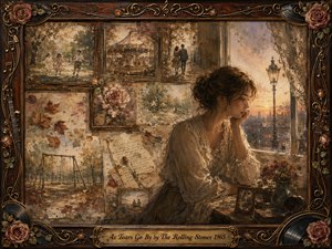 A wistful young woman sits beside a glowing dusk window, surrounded by faded childhood scenes, handwritten letters, autumn leaves, roses, and antique photographs. Warm sepia, dusty rose, cream, and muted gold tones soften the nostalgic collage. Painterly oil, acrylic, and watercolor textures blend beneath an ornate rosewood frame decorated with musical details and engraved title plate.