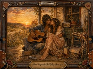 A romantic hippie couple rests on a weathered country porch at golden sunset, sharing an intimate moment beside an acoustic guitar. Warm amber, rust, brown, and cream tones create nostalgic tenderness. Detailed painterly textures, wildflowers, a vintage radio, harmonica, whiskey bottle, roses, records, and ornate musical framing enrich the rustic scene.