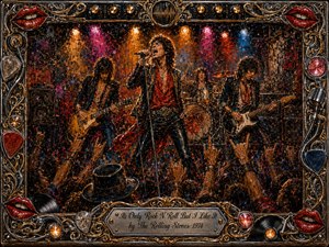 A fiery rock band commands a packed concert stage, led by a charismatic singer beneath blazing red, amber, blue, and pink spotlights. Thick, expressive paint textures heighten the raw, celebratory energy. Raised hands fill the foreground, while an ornate chrome-and-gold frame of lips, records, picks, cables, and amplifier details surrounds the scene.