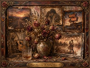 Wilted roses spill from a weathered vase amid scattered petals and a whiskey glass, surrounded by faded rosewood-framed memories of lovers, country roads, guitars, motel signs, and dancing. Warm amber, burgundy, sepia, and smoky blue tones glow softly across richly textured oil, acrylic, and watercolor details, creating a tender, nostalgic melancholy.