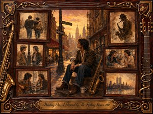 A contemplative man waits on a Bleecker Street stoop at golden hour, surrounded by framed memories of friendship, music, and city life. Warm amber, sepia, and muted blue tones create a tender nostalgic mood. Painterly oil, acrylic, and watercolor textures blend with ornate rosewood, brass, saxophone, and guitar details.