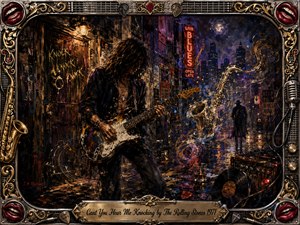 A long-haired guitarist plays intensely in a rain-slicked nighttime alley glowing with amber lamps, red neon, and deep blue-violet shadows. Swirling saxophone forms, smoke, musical notes, vinyl records, and scattered picks create a restless blues-rock atmosphere. Rich oil-paint textures and dramatic lighting are enclosed by an ornate chrome-and-gold musical frame.